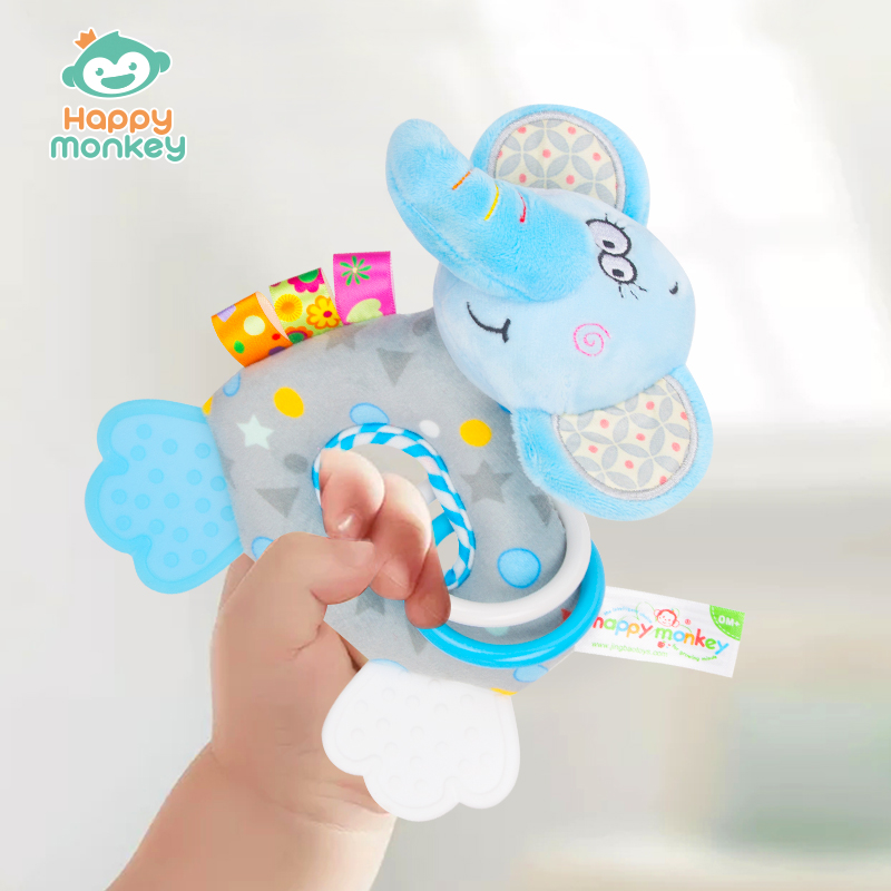 新款Happy Monkey嬰兒牙膠搖鈴寶寶手搖鈴新生兒毛絨安撫玩具