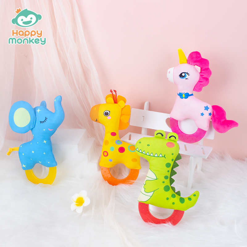 Happy monkey嬰兒玩具0-1歲牙膠手搖鈴安撫新生兒玩具廠家批發
